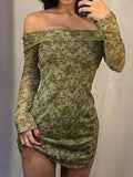 Vintage Green Graphic Printed Off-Shoulder Dress