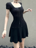 Gothic Knitted Lace Puff Sleeve Short Dress