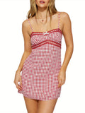 Women'S Plaid Slip Mini Dress with Bow and Lace Trim, Adjustable Spaghetti Straps, Sweetheart Neckline, Backless, Woven Polyester Blend, Chic Summer Style - Suitable for Party and Club Wear