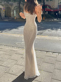 Silver Bling Sequins Strap Prom Long Dress