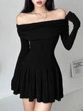 Black Off Shoulder Long Sleeve Pleated Dress