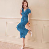 Women's Party Dress Cocktail Dress Wedding Guest Dress Midi Dress Blue Short Sleeve Pure Color Ruffle Summer Spring Fall V Neck Party Office Evening Party Wedding Guest S M L XL 2XL 3XL