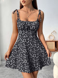 Comfortable 1pc Women's Floral Print Vacation Style Summer Dress, Polyester Spaghetti Strap Sundress with Tie-Back Detail and Scoop Neckline, Quick-Drying Casual Flared Mini Dress for Adults