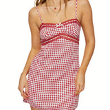 Women'S Plaid Slip Mini Dress with Bow and Lace Trim, Adjustable Spaghetti Straps, Sweetheart Neckline, Backless, Woven Polyester Blend, Chic Summer Style - Suitable for Party and Club Wear