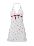 Chic Women's Cherry Print Halter Neck Dress - Backless Mini with Lace Trim & Red Bow Detail, V-Neck, Sleeveless - Ideal for Summer Parties, Beach & Club Outings