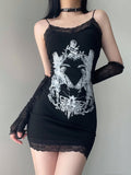 Gothic Black Lace Printed Halter Dress