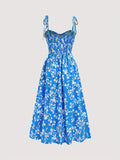 Elegant Y2K Floral Midi Dress for Women - Blue with White Flowers, Off-Shoulder Design, Tie Straps, A-Line Silhouette, Polyester, Machine Washable - Perfect for Summer