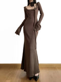 Vintage Brown Flare Sleeve Knit Long Dress