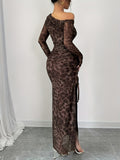 Leopard Print Asymmetrical Neck High Slit Dress - Polyester and Elastane, Machine Washable - Fall/Winter Collection