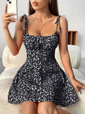 Comfortable 1pc Women's Floral Print Vacation Style Summer Dress, Polyester Spaghetti Strap Sundress with Tie-Back Detail and Scoop Neckline, Quick-Drying Casual Flared Mini Dress for Adults