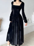 Elegant Black Square Neck Lace Trim A-Line Dress