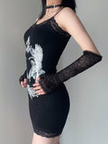 Gothic Black Lace Printed Halter Dress