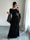 Elegant Glitter 1pc Polyester Maxi Dress for Women - Boat Neck Long Sleeve with Zipper and Side Slit - Fitted Knit Fabric Solid Color All-Season Party Gown