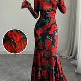 Elegant Floral Print 1pc Bodycon Dress - Crew Neck Long Sleeve Mermaid Floor-Length with Flutter Sleeves and Flared Hem - Polyester 95% Elastane 5% Jersey Fabric