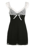 Black Lace Patchwork Bow Mini Dress