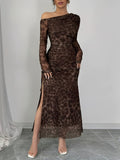 Leopard Print Asymmetrical Neck High Slit Dress - Polyester and Elastane, Machine Washable - Fall/Winter Collection