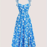 Elegant Y2K Floral Midi Dress for Women - Blue with White Flowers, Off-Shoulder Design, Tie Straps, A-Line Silhouette, Polyester, Machine Washable - Perfect for Summer