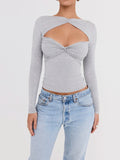 Gray Strapless Long Sleeve Sexy T-shirt Women Spring Summer Cropped Tops Hollow Out Skinny Tops Fashion Crop Tops