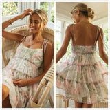 Sweet Summer Suspender Strap Floral Sundress Women Sling Lace-Up Dress A-Line Boho Lady Swing Ruffles Short Dress Backess