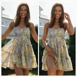 Sweet Summer Suspender Strap Floral Sundress Women Sling Lace-Up Dress A-Line Boho Lady Swing Ruffles Short Dress Backess