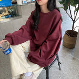 No Hat Hoodies Women Elegant Solid Burgundy Fashion Ulzzang All-match O-neck Sweatshirts Femme Japanese Style Long Sleeve Tops