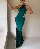 Women Elegant Autumn Winter Halter Party Evening Bodycon Stain Green Long Dress Fall Clothes Wholesale Items