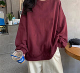 No Hat Hoodies Women Elegant Solid Burgundy Fashion Ulzzang All-match O-neck Sweatshirts Femme Japanese Style Long Sleeve Tops