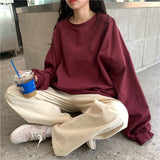 No Hat Hoodies Women Elegant Solid Burgundy Fashion Ulzzang All-match O-neck Sweatshirts Femme Japanese Style Long Sleeve Tops