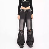 grunge dti Spring Blue Ripped Skinny Jeans Men's and Women's American-Style Retro Belt Stitching Straight Wide-Leg Trousers