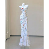 outfit Gentle Style Printed Chic Unique Niche French Style Suspender Dress Slimming Sexy Banquet Dress Morning Gown Light Wedding Dress