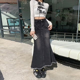 Pbong grunge outfits Women's Black and Gray Denim Skirt with Frayed Edges New Spring Slimming Versatile Mid-Length Fishtail Skirt