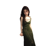 outfit inspo Spring and Autumn Retro Green Knitted Sling Dress Women's Hot Girl Style Tight Waist Outer Wear Ripped Sheath Long Skirt