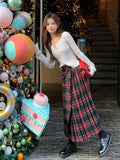 grunge outfits Retro Scottish Plaid Skirt Women's Long High Waist A- line Hip Skirt Slimming Draping Pleated Skirt