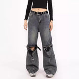 grunge dti Spring Blue Ripped Skinny Jeans Men's and Women's American-Style Retro Belt Stitching Straight Wide-Leg Trousers