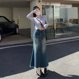 grunge outfits Women's Black and Gray Denim Skirt with Frayed Edges New Spring Slimming Versatile Mid-Length Fishtail Skirt