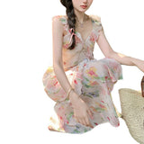 summer new style skirt celebrity printed suspender skirt female vacation high-end wood ear chiffon dress