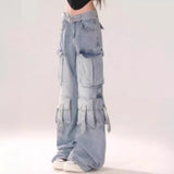 2000s fashion New Blue Pattern Cheese Hot Girl Blue Light Color Gradient Multi-Pocket Workwear Jeans Women's Trousers