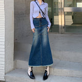 grunge outfits Women's Black and Gray Denim Skirt with Frayed Edges New Spring Slimming Versatile Mid-Length Fishtail Skirt