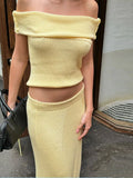 Elegant Yellow Knitted Skirt Sets Women Slim Off Shoulder Pullovers Top High Waist Skirts Lady Holiday Vacation 2 Pieces Set﻿