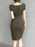 Army Green Slim Square-Neck Mini Dress