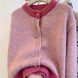 Single Breasted Pink Short Sweater Coat For Women Autumn Winter Lazy Small Knitted Cardigan Female O-Neck Splicing Color Top