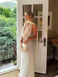 Sexy See Through Deep V Neck White Maxi Dress Elegant Splicing Pleated Mesh Halter Scarf Slim Robes Lady Party Evening Gown