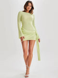 Floral Draped Backless Knit Mini Dress For Women Fashion Solid Long Sleeve Ruched Sexy Dress Knitwear