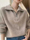 Large lapel thick cashmere sweater women's 100 pure wool zipper sweater pullover lazy loose knit base top