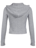 Gray Zip Up Knitted Hooded Jackets Women Pockets Details Solid Simple Basic Minimalist Slim Long Sleeve Hoodies Knitwear