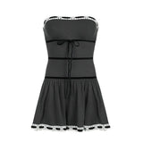 Black Strapless Lace Trim Tie Up Bow Mini Dress