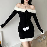 Sexy Red Christmas Dress Women Winter Y2k Plush Patchwork Off Shoulder Party Mini Dress Korean Fashin Elegant Bodycon Dress