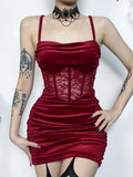 Velvet Y2k Ruched Elegant Corset Dresses Gothic Lace Patches Sheer Sling Party Dress Red Black Ladies Backless Clothes