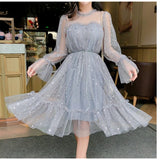 New Arrivals Summer Women Lace Dress Sequined Appliques A-line Mesh Patchwork Solid Dress Fairy Long Sleeves Knee-length Dress