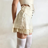 Sweet Mesh Tiered Ruffle Shorts Skirts Khaki Wide Form Side Bandage Cute Hot Pants Lolita Style Soft Girls Shorts Y2K